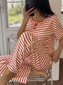 SHEIN 女士休闲条纹印花落肩仿门襟短袖睡衣套装