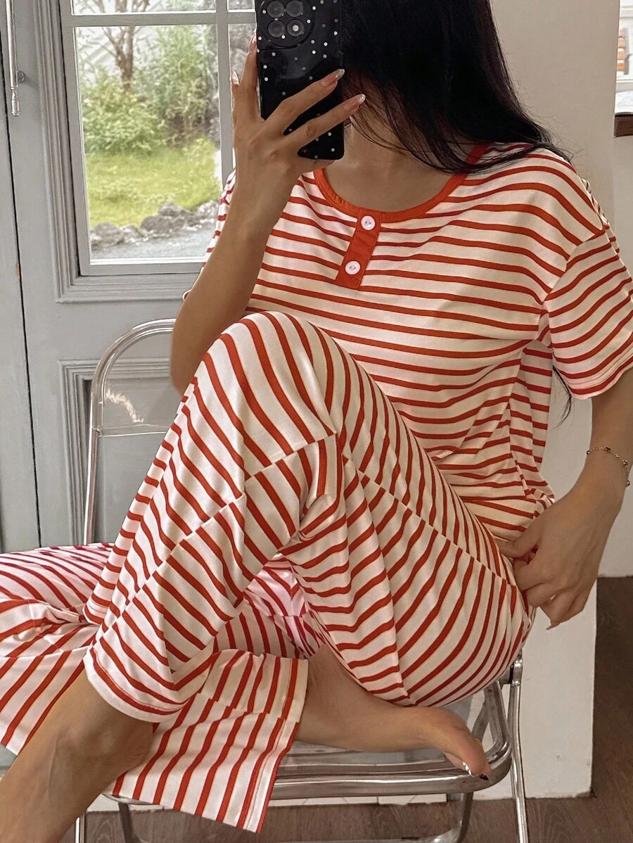 SHEIN 女士休闲条纹印花落肩仿门襟短袖睡衣套装