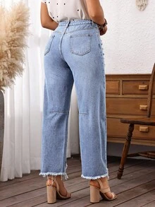 SHEIN Tall 高个子时尚做旧毛边水洗牛仔裤 - 淺色水洗藍 - 查看 2