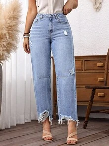 SHEIN Tall 高个子时尚做旧毛边水洗牛仔裤 - 淺色水洗藍 - 查看 3