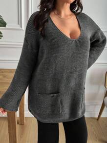 EURMUSE Plus Size Solid Color Pocket Detail Long Sleeve Sweater - Grey - View 4