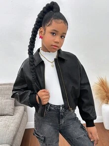 SHEIN 青少年女孩纯色翻领长袖短款宽松休闲 PU 皮夹克 - 黑色 - 查看 1