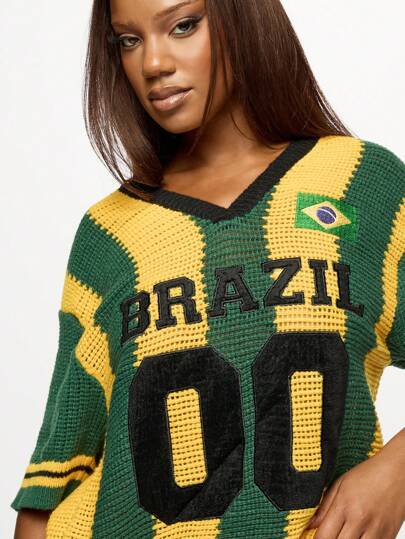 SUMWON WOMEN Camiseta de punto de estilo universitario de la selección nacional de Brasil, con cuello en V, para aficionados al fútbol, con número 00, bordado de la bandera, de manga corta, para otoño e invierno, talla grande, estilo deportivo elegante para el día del partido de la Copa Mundial 2026, jersey de estilo callejero