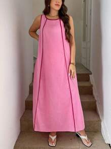 SHEIN LUNE Rochie de seară pentru femei, mărime plus, pentru întoarcerea la școală, rochie casual cu bretele, cusături contrastante, fără mâneci, lejeră, de toamnă, pentru femei, rochie de seară, cu imprimeu floral, stil business, casual, rochie lejeră, stil Old Money, rochie de nuntă pentru femei, rochie de seară, rochie de seară pentru femei, rochie de bal, rochie de bal, rochie de toamnă pentru femei, rochii elegante pentru petrecere, rochii de festival, potrivite pentru primăvară/toamnă, vacanță și întâlniri. - Roz fierbinte - Vizualizare 3