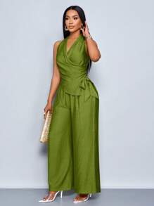 SOLERSUN 女士纯色褶皱侧系腰无袖上衣和裤子两件套休闲套装 - 軍綠色 - 查看 4