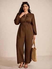 Elaquor 大码休闲纯色灯笼袖连体裤 - 咖啡棕 - 查看 5