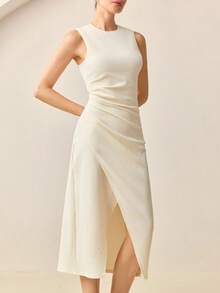 BizChic Off White 夏季優雅 Tea Party 2025 秋冬不對稱下擺抓皺腰身洋裝，現代都市婚禮賓客派對音樂會正式穿著 - 杏色 - 查看 9