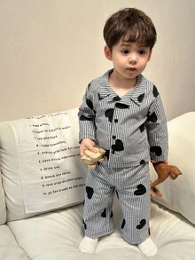 Hapijoa 2件套幼儿男童条纹爱心休闲长袖衬衫和裤子家居服套装，春秋季 - 黑與白 - 查看 4