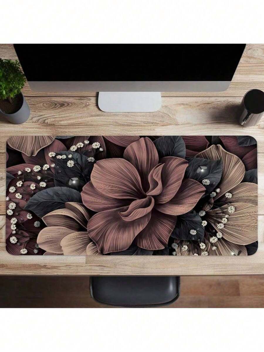 SHEIN 1 件优雅花卉图案桌垫大号防滑电子竞技和办公室鼠标垫带缝合边缘，适合专业人士送给女孩女儿女士的礼物 - 黑色 - 查看 1