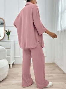 EURMUSE 2pcs Women's Solid Color Pants And Long Sleeve Blouse Set - Dusty Pink - View 2