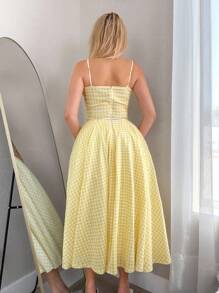 Sweetina Women's Yellow Plaid Spaghetti Strap Flowy A-Line Sundress, Sexy & Chic For Picnic, Casual Date, Vacation, Party, Home Yellow Gingham Dress Yellow Picnic Dress Lemon Dress Gingham Sundress Yellow Dress Fall Women Clothes - Multicolor - View 2