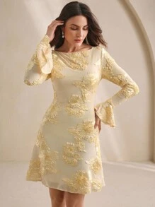 Anewsta Váy ngắn thêu tay chuông màu vàng kem thanh lịch, buộc dây phía trước, thích hợp cho sự kiện đám cưới, mùa thu - Màu be - Xem 5