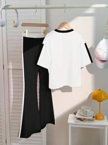 SHEIN 青少年女孩休闲简约短袖上衣和长裤两件套，适合夏季 - 白色 - 查看 2