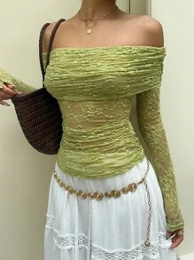 SHEIN Unity 秋季露肩荷叶边蕾丝面料透视长袖上衣 - 橄欖綠 - 查看 6