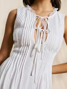 Easelle Vestido blanco de playa sin mangas, vestido blanco largo de verano, vestido blanco de verano, vestido blanco de playa con bolsillos asimétricos y dos hebillas tejidas en la cintura - Azul - Ver 7