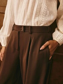 Poéselle Women's Elegant Espresso Brown High-Rise Tailored Wide-Leg Trousers,Pleated Office Dress Pants,Autumn Quiet Luxury Wardrobe,Slouchy Work Casual Pants - Brown - View 2