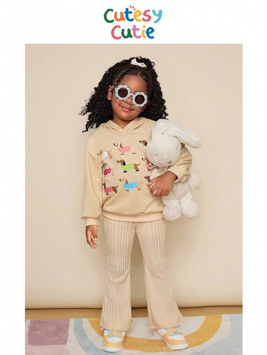 CutesyCutie 2pcs/Set Young Girl Knitted Puppy Dachshund Pattern Hooded Sweatshirt And Flared Pants Outfit,Back-To-School Autumn School Winter Clothes - Multicolor - View 1