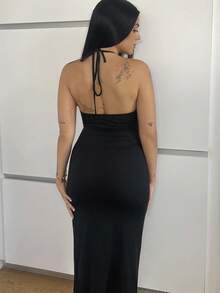 Lucia Bellido 性感黑色无袖紧身露背连衣裙女式超长女装 - 黑色 - 查看 2