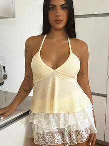 Lucia Bellido Summer Going Out A Pendulum Crisscross Tie Backless Halter Top - Beige - View 6