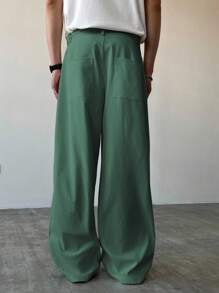 Claim Dot Men's Solid Color Pleated Pocket Wide Leg Loose Casual Pants, Fall - Grass Green - View 2