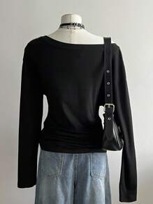 SHEIN Unity Y2K Subculture Sexy V-Neck Off-Shoulder Long Sleeve T-Shirt - Black - View 2