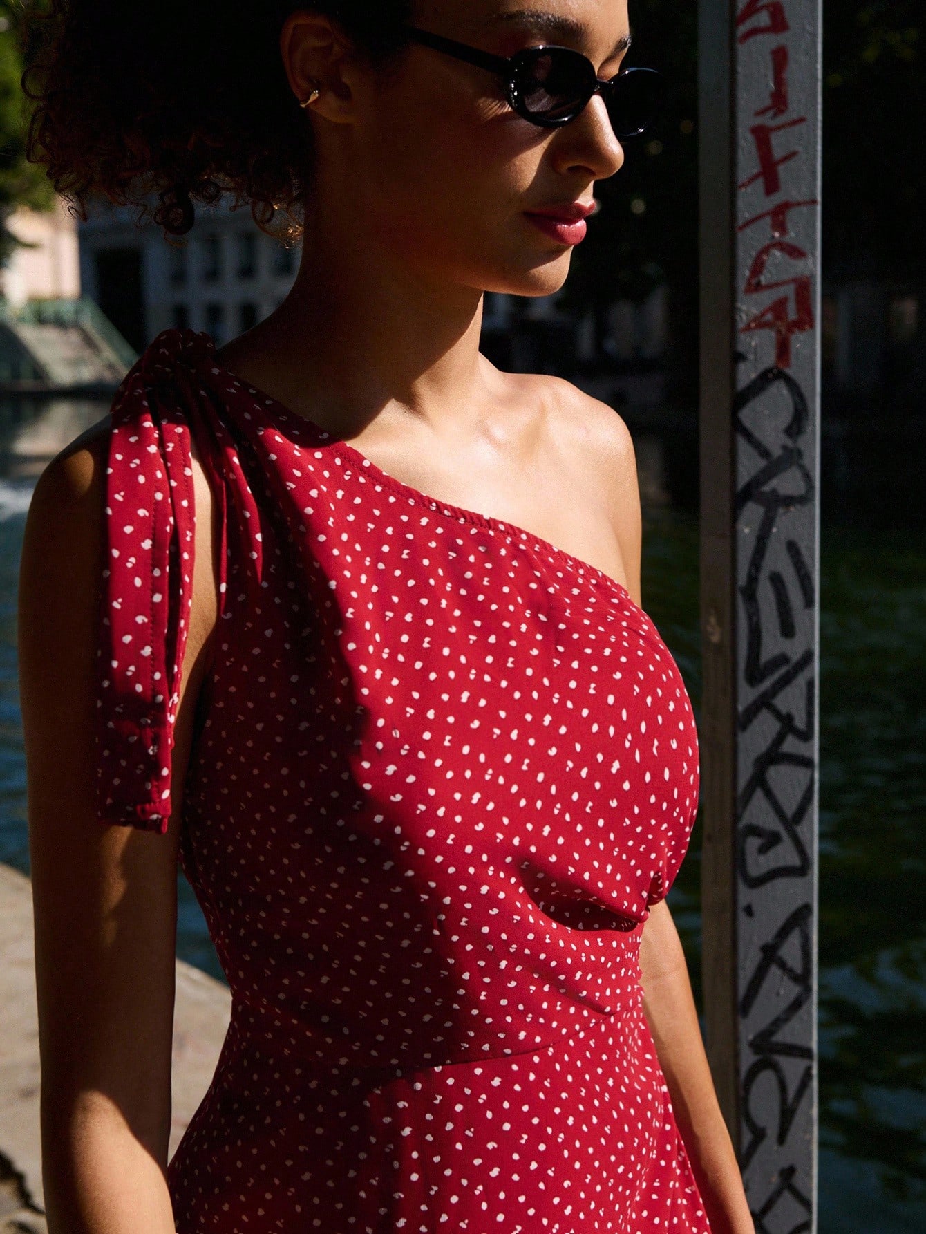 Red One-Shoulder Polka Dot Midi Dress With Tie Detail And Asymmetric Hem Wedding Guest Dress Going Out Dress Date Night Dress Spring Summer  Outfits New Year Dress