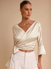 COSMINA Women's Elegant V-Neck Bowknot Strap Blouse, Suitable For Spring/Summer Vacation - Apricot - View 4