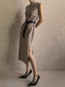 DAZY Women's High Neck Straight Slit Midi Dress - Khaki - View 4