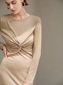 Uhlyne Uhlyne Abito midi elegante da donna con design annodato, arricciato, a tinta unita, aderente, vintage, minimalista, alla moda, basic, adatto per l'ufficio - Cachi - Visualizzare 4