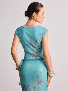 ROMWE Avant Y2K Vintage Floral Print Mesh Overlay Sequin Beaded Solid Color Camisole Two Pieces Set - Baby Blue - View 3