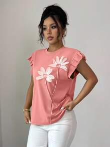 Elenzga 女式夏季休闲 3D 花卉装饰荷叶边袖孔宽松 T 恤 - 珊瑚橙 - 查看 4