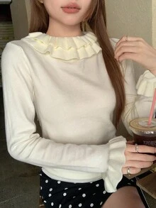 DAZY 女式圆领、彼得潘领、半高领、修身、长袖可爱毛衣秋季 - 白色 - 查看 1