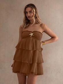 Glamine Women's Summer Solid Color Strapless Starfish Decor Cake Mini Dress - Brown - View 4