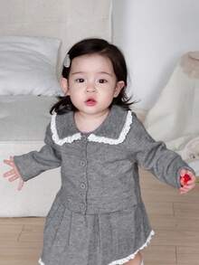 DAZY 2pcs Baby Girls' Lace Patchwork Collared Long Sleeve Cardigan And Pleated Skirt Knit Sweater Set Fall,Winter