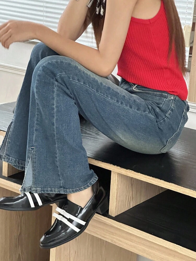 Fashionable Flared Jeans With Side Split Hem For Teen Girl Fall Clothing