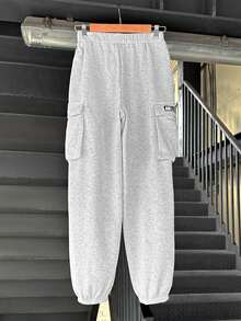 SHEIN 青少年男孩简约纯灰色工装运动裤，休闲学院风，舒适时尚，百搭，面料柔软，适合日常穿着、上学、郊游、户外运动、秋冬季