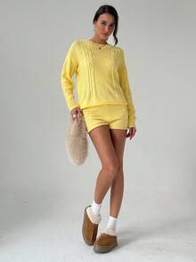 Aloruh Women's Twist Cable Pattern Drop Shoulder Long Sleeve Sweater And Knit Shorts Casual 2 Pieces Set In Fall/Winter - Yellow - View 5