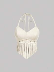 SHEIN MOD 大码女式复古嬉皮铆钉流苏杏色麂皮 A 字裙、纳什维尔服装、海盗裙、复古杏色麂皮流苏无袖上衣、音乐节套装、西部女装 - 杏色 - 查看 5