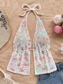 Soleia Sexy V-Neck Spaghetti Strap Backless Tie-Up Faux Scales Decor Women's Knit Camisole, Suitable For Holiday, Date, Afternoon Tea, Vacation, Music Festival, Bohemian, Seaside, Beach, Summer - Beige - View 4