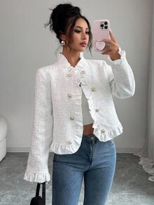 Elenzga 女式纯色纽扣装饰长袖荷叶边夹克 - 白色 - 查看 5