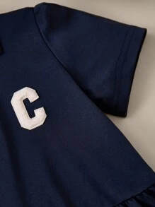 Casuvi Kids 2025年返校季儿童大学校园运动装，女童字母刺绣撞色包边荷叶边下摆高领宽松连衣裙