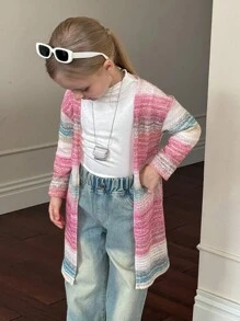 SHEIN Young Girl 1pc Colorful Striped Knitted Open Front Coat , Autumn And Winter,Daily Wear,Preppy,Vintage Fall - Multicolor - View 4