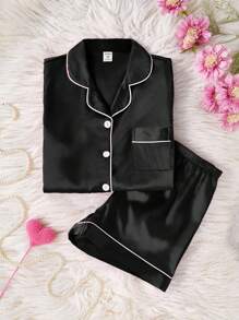 SHEIN Basics Black Satin Pajama Short Set For Tween Girls With Regular Sleeves And Plain Design Satin Pj Set