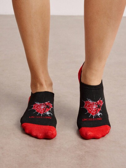 Grunge Punk 1 Set Gothic Red Spider Web Print Cozy Women Short Socks, Style No. 411803