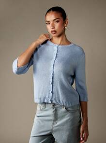 MISSGUIDED Cárdigan de punto con botones para mujer, de manga tres cuartos, ligero, para primavera y verano, corto, informal, para la oficina y el trabajo, prenda básica para capas, con costillas - Azul - Ver 4