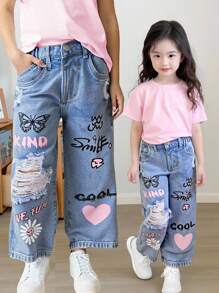 SHEIN Jeans casual in denim a vita larga con strappi, stampa, lavaggio medio per ragazze giovani