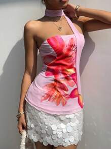 SHEIN EZwear 女士优雅花卉印花抹胸式上衣（配腰带），夏季 - 粉色 - 查看 5
