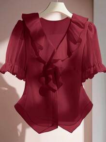 SHEIN Clasi Áo cánh tay ngắn viền ren trơn màu thanh lịch cỡ lớn cho nữ - Màu Đỏ Sâu - Xem 1