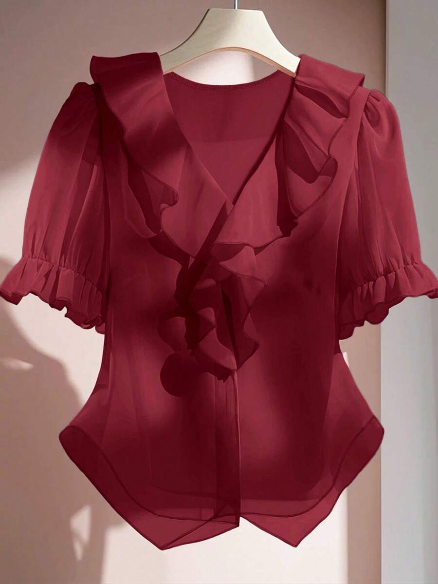 SHEIN Clasi Áo cánh tay ngắn viền ren trơn màu thanh lịch cỡ lớn cho nữ - Màu Đỏ Sâu - Xem 1