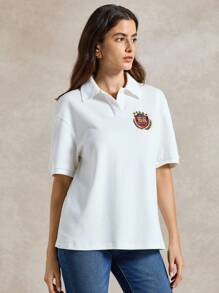 Briarwyn 女式字母刺绣短袖 Polo 领休闲上衣，秋季女装，返校季，复古风女式 POLO T 恤，图案 T 恤 - 白色 - 查看 7